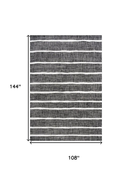 9' X 12' Black And Ivory Striped Indoor Outdoor Area Rug