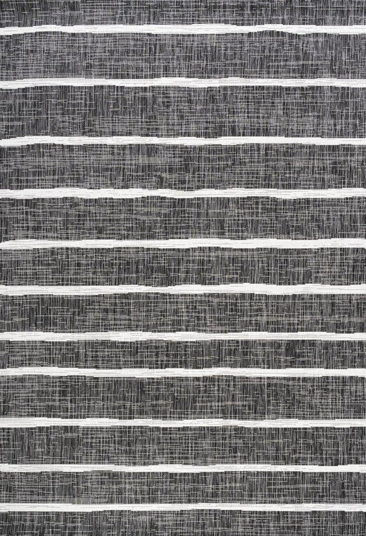 9' X 12' Black And Ivory Striped Indoor Outdoor Area Rug