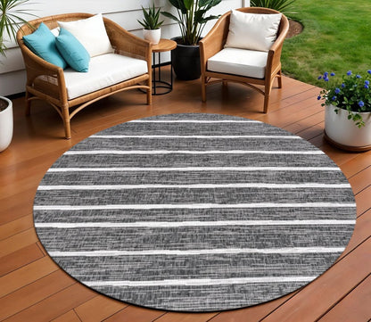9' Black And Ivory Round Striped Indoor Outdoor Area Rug HomeRoots