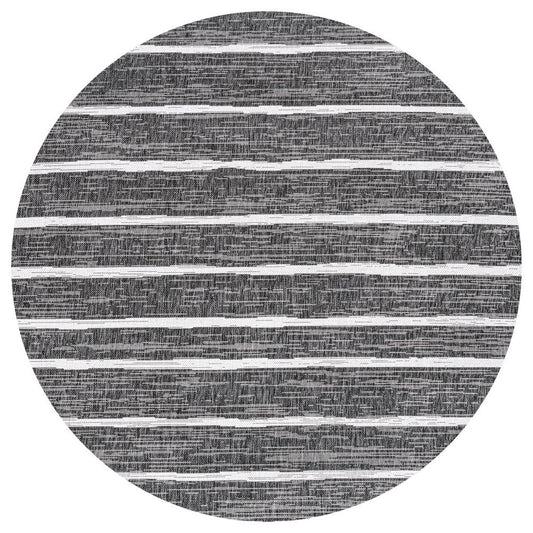 9' Black And Ivory Round Striped Indoor Outdoor Area Rug