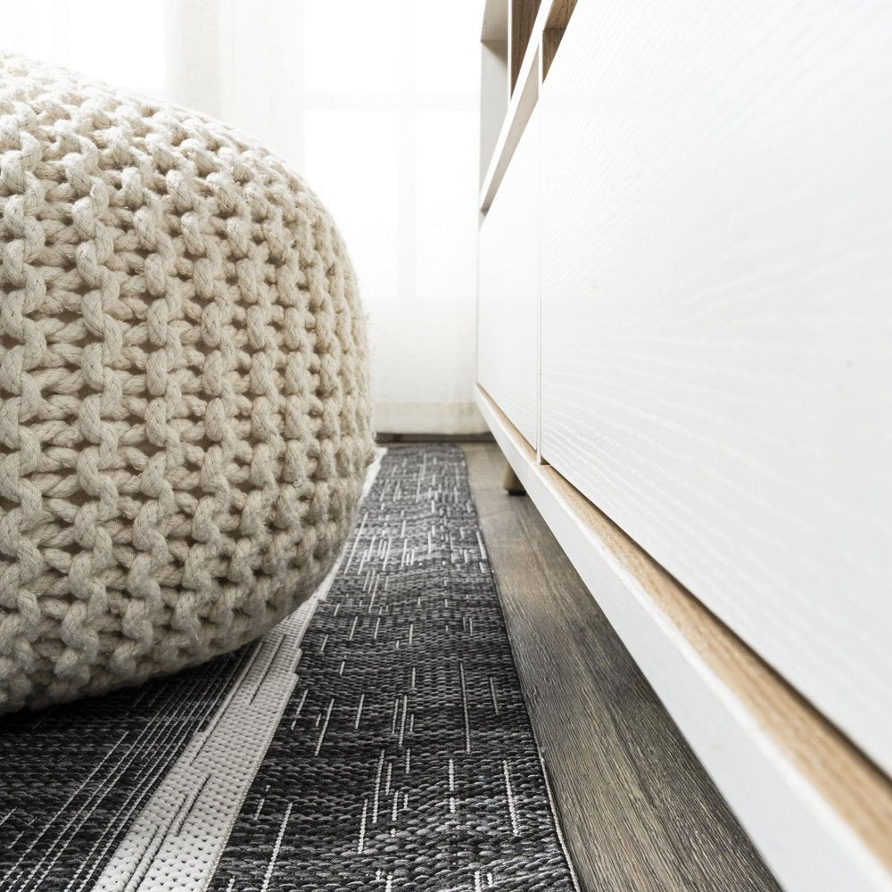 9' Black And Ivory Square Striped Indoor Outdoor Area Rug HomeRoots