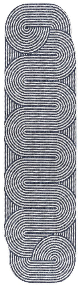 8' Cream And Navy Blue Abstract Indoor Outdoor Runner Rug — view 1