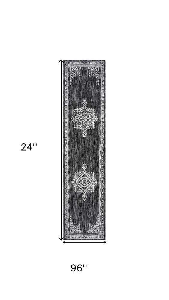 8' Dark Gray And Cream Medallion Indoor Outdoor Runner Rug HomeRoots