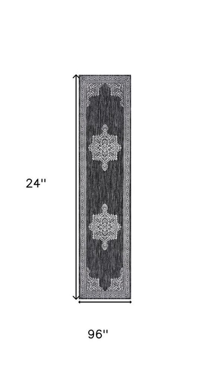 8' Dark Gray And Cream Medallion Indoor Outdoor Runner Rug HomeRoots