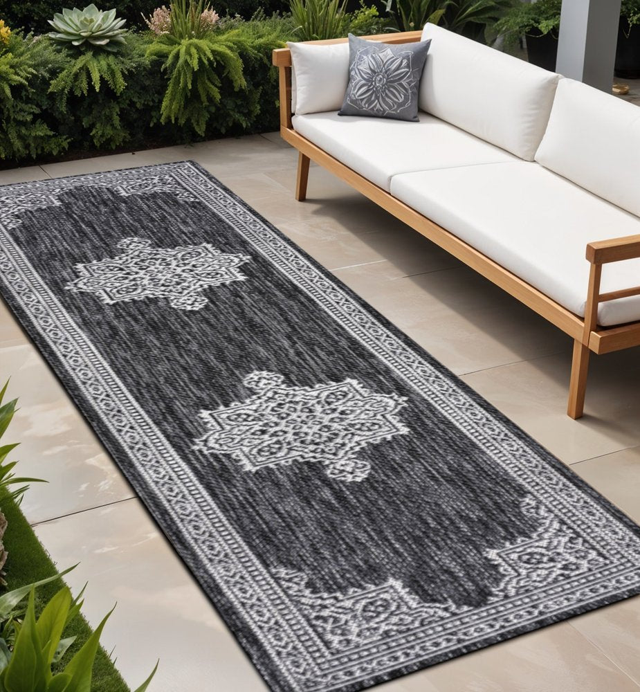 8' Dark Gray And Cream Medallion Indoor Outdoor Runner Rug HomeRoots