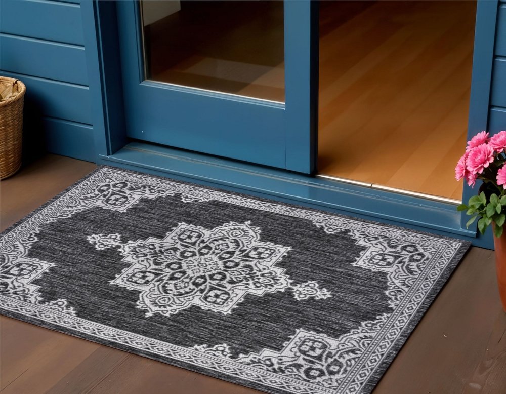 3' X 5' Dark Gray And Cream Medallion Indoor Outdoor Area Rug HomeRoots