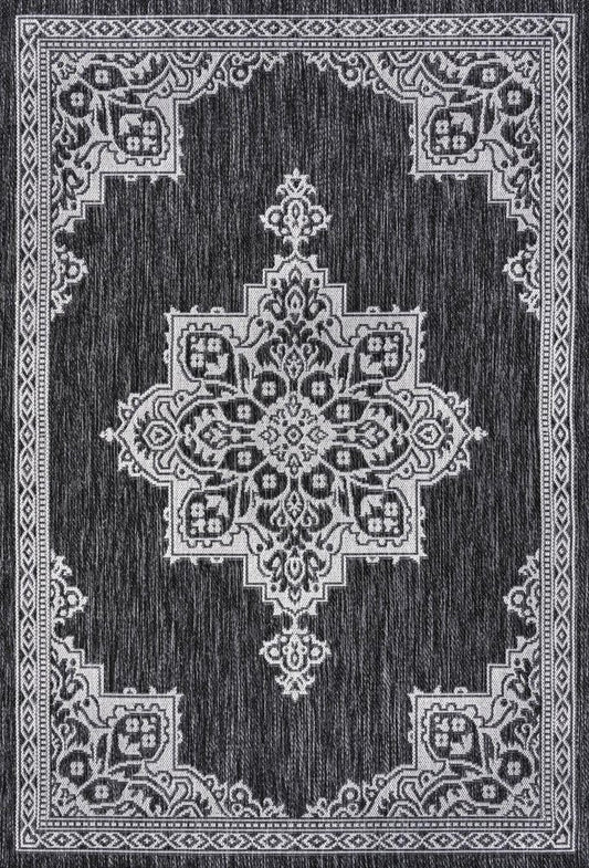 8' X 10' Dark Gray And Cream Medallion Indoor Outdoor Area Rug