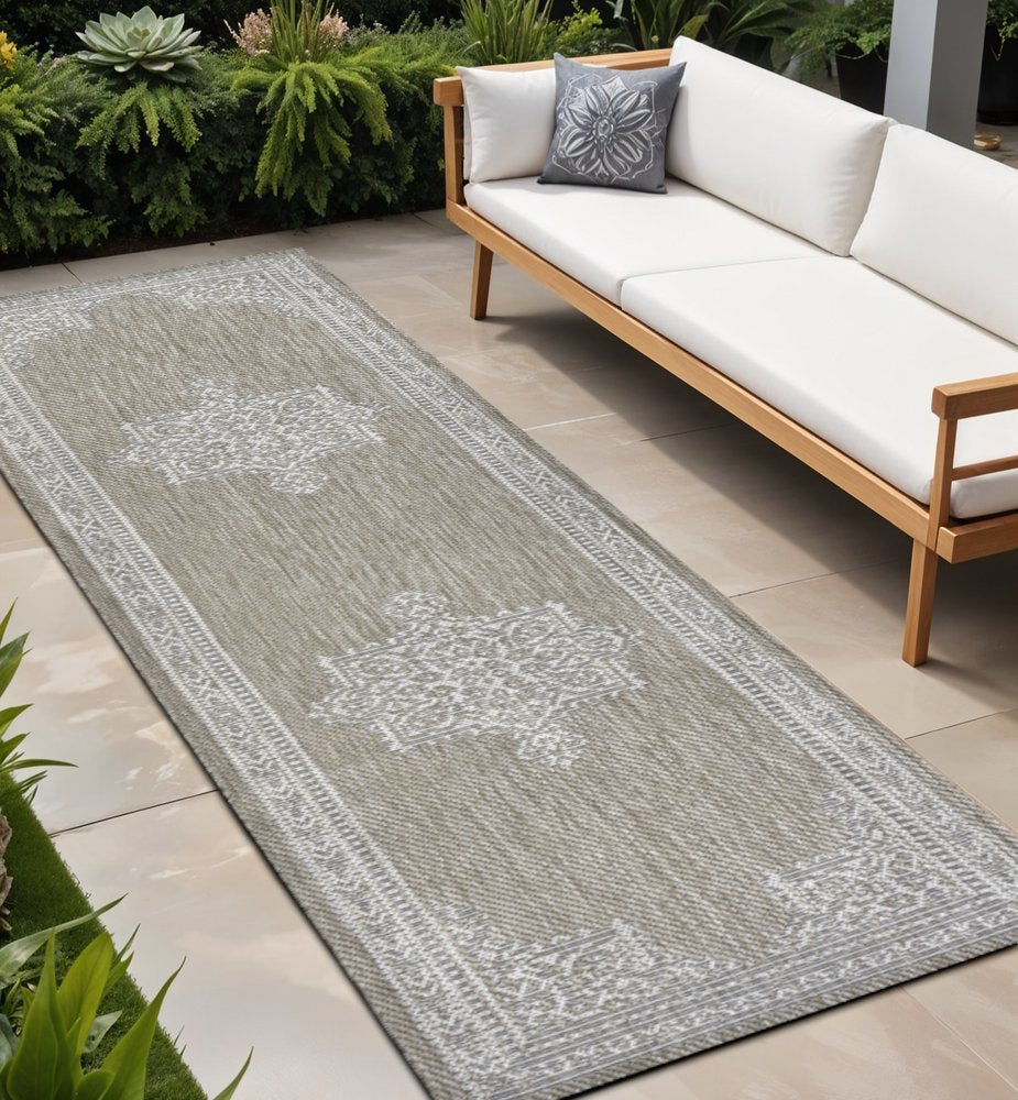 8' Beige And Cream Medallion Indoor Outdoor Runner Rug HomeRoots