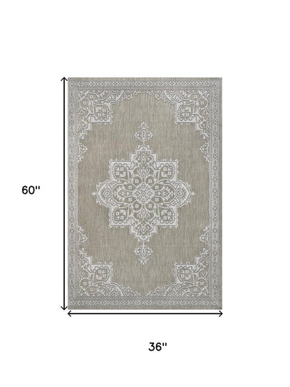 3' X 5' Beige And Cream Medallion Indoor Outdoor Area Rug HomeRoots