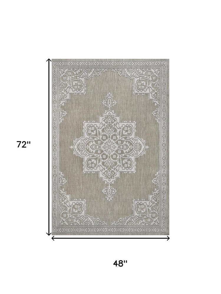 4' X 6' Beige And Cream Medallion Indoor Outdoor Area Rug — view 3