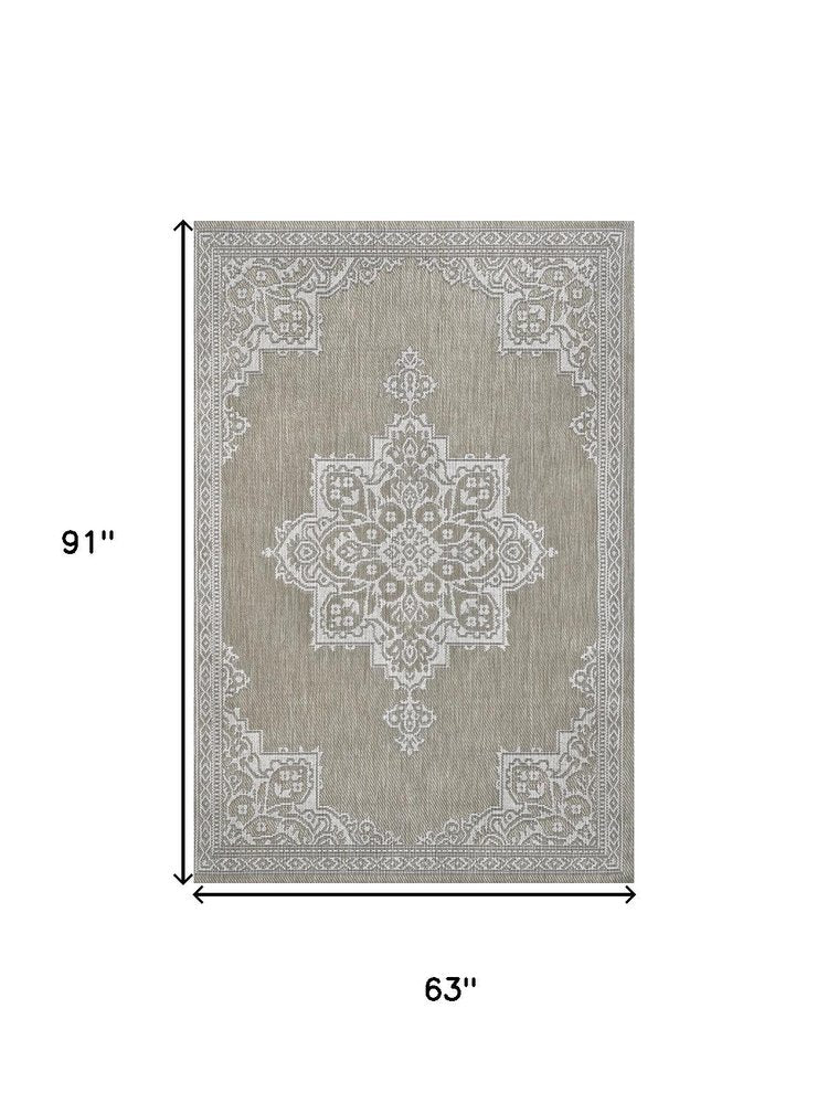5' X 8' Beige And Cream Medallion Indoor Outdoor Area Rug — view 3