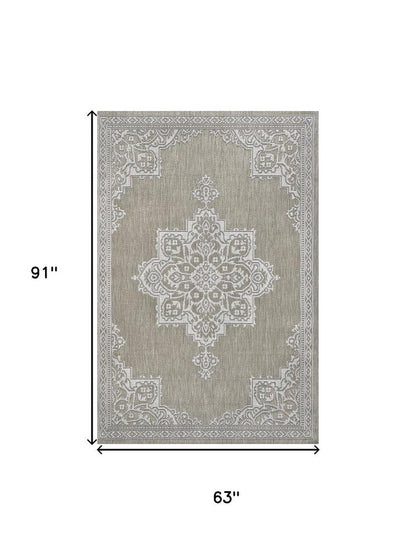 5' X 8' Beige And Cream Medallion Indoor Outdoor Area Rug