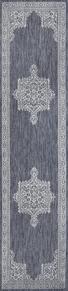 8' Blue And Cream Medallion Indoor Outdoor Runner Rug