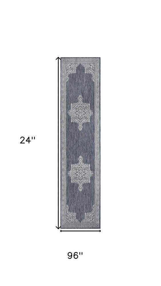 8' Blue And Cream Medallion Indoor Outdoor Runner Rug — view 4
