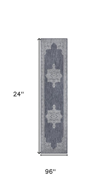 8' Blue And Cream Medallion Indoor Outdoor Runner Rug HomeRoots