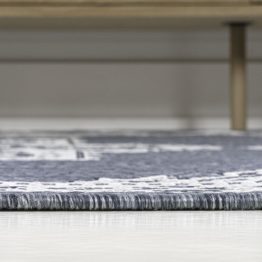 8' Blue And Cream Medallion Indoor Outdoor Runner Rug
