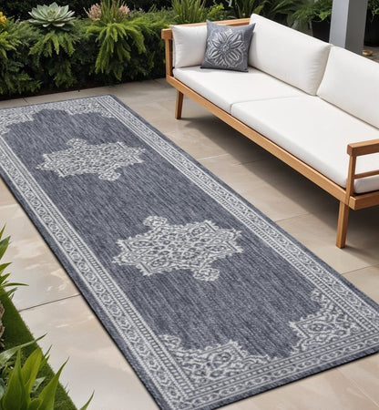8' Blue And Cream Medallion Indoor Outdoor Runner Rug HomeRoots
