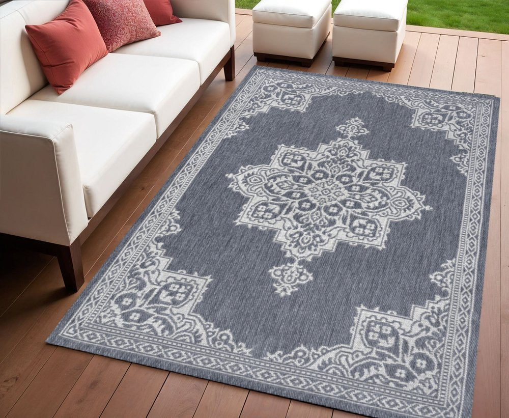 4' X 6' Blue And Cream Medallion Indoor Outdoor Area Rug HomeRoots