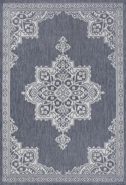 5' X 8' Blue And Cream Medallion Indoor Outdoor Area Rug