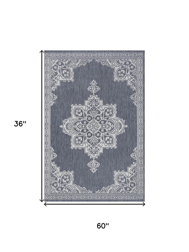 5' X 8' Blue And Cream Medallion Indoor Outdoor Area Rug — view 2