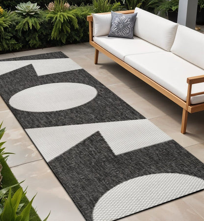 8' Black And Cream Geometric Indoor Outdoor Runner Rug HomeRoots