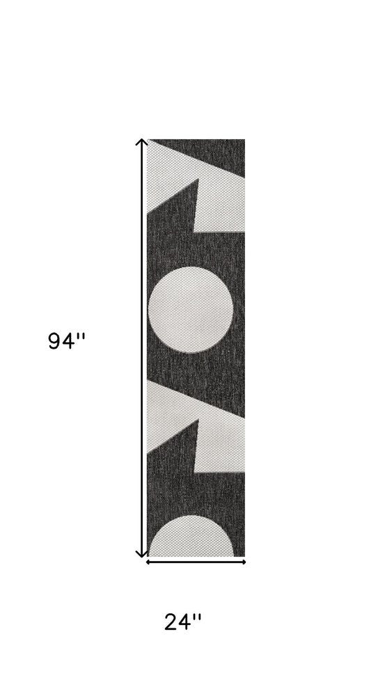 8' Black And Cream Geometric Indoor Outdoor Runner Rug — view 6