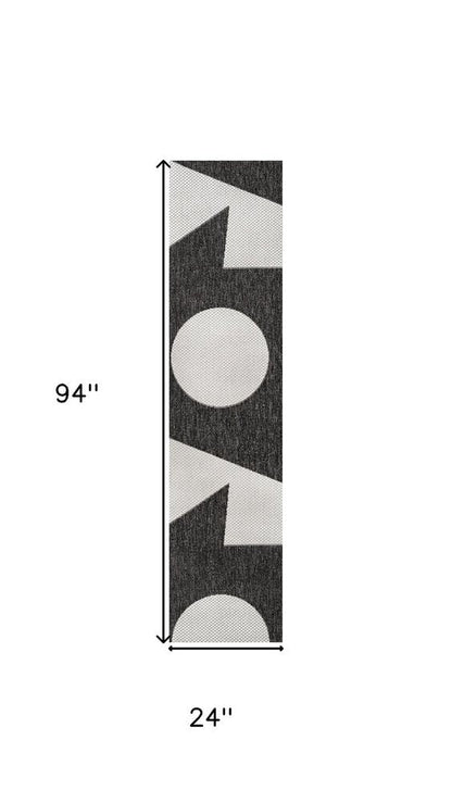 8' Black And Cream Geometric Indoor Outdoor Runner Rug HomeRoots
