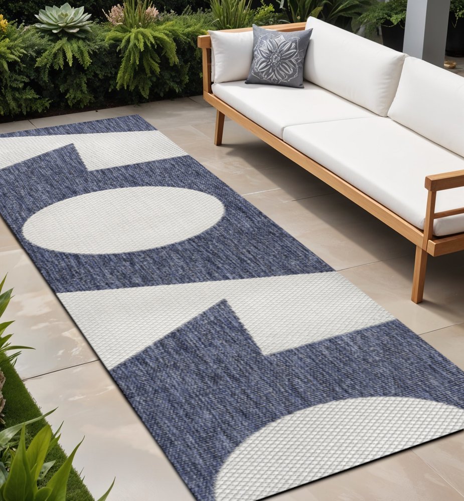 8' Navy Blue And Cream Geometric Indoor Outdoor Runner Rug HomeRoots
