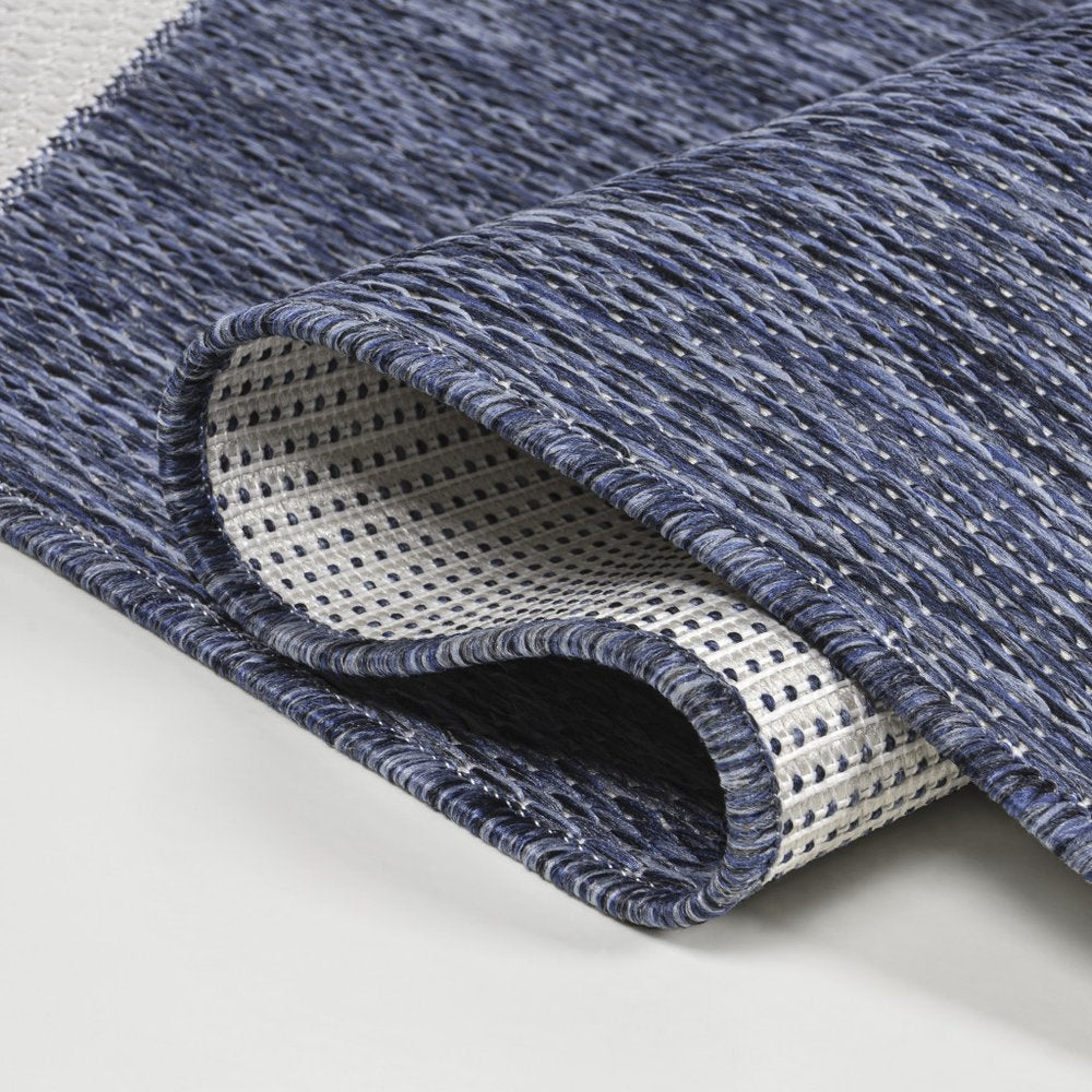 8' Navy Blue And Cream Geometric Indoor Outdoor Runner Rug — view 4
