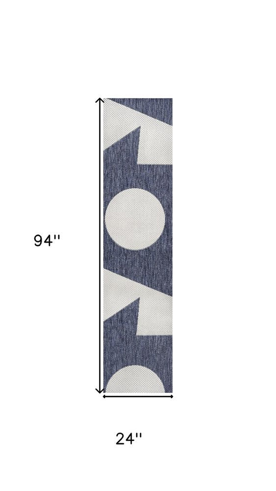 8' Navy Blue And Cream Geometric Indoor Outdoor Runner Rug — view 6