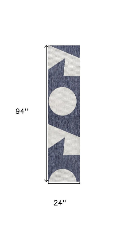 8' Navy Blue And Cream Geometric Indoor Outdoor Runner Rug HomeRoots