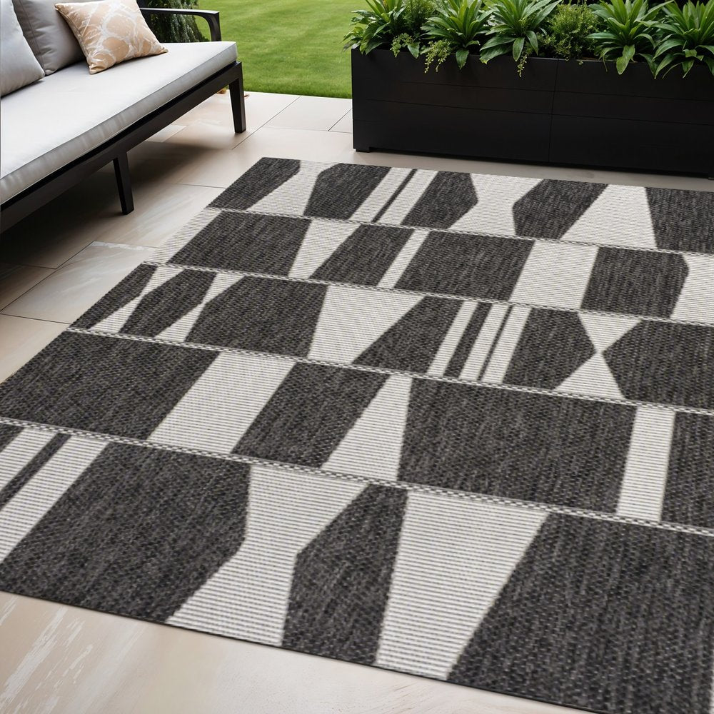 5' X 8' Black And Cream Geometric Indoor Outdoor Area Rug HomeRoots