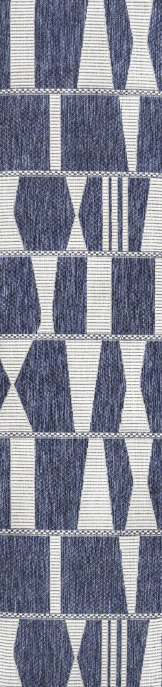8' Navy Blue And Cream Geometric Indoor Outdoor Runner Rug HomeRoots