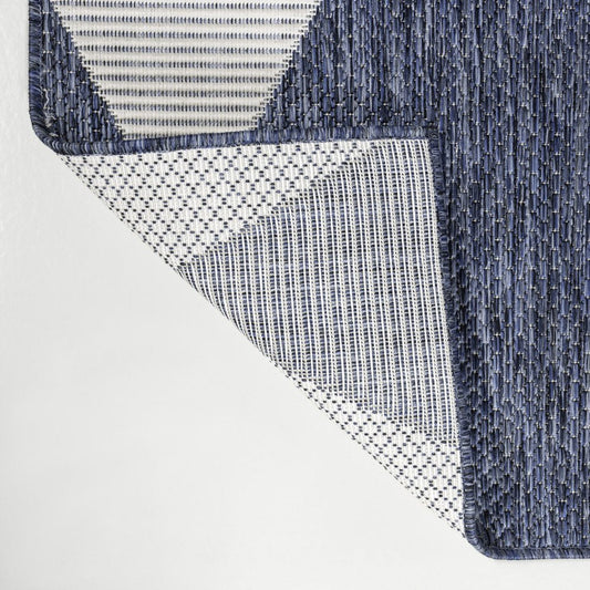 8' Navy Blue And Cream Geometric Indoor Outdoor Runner Rug