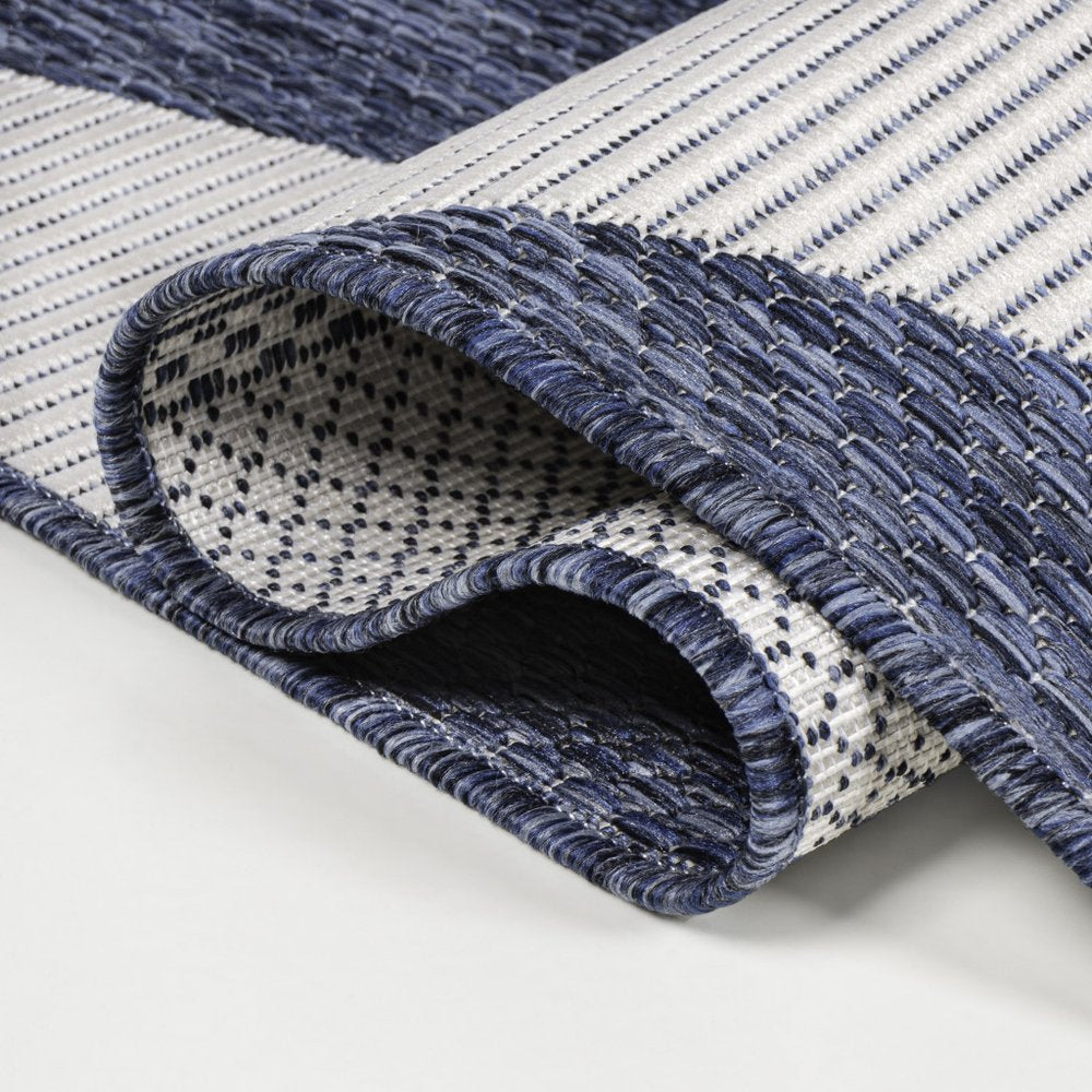 8' Navy Blue And Cream Geometric Indoor Outdoor Runner Rug — view 4