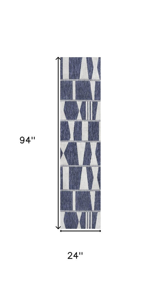 8' Navy Blue And Cream Geometric Indoor Outdoor Runner Rug — view 6