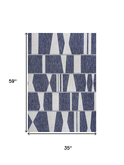 3' X 5' Navy Blue And Cream Geometric Indoor Outdoor Area Rug HomeRoots