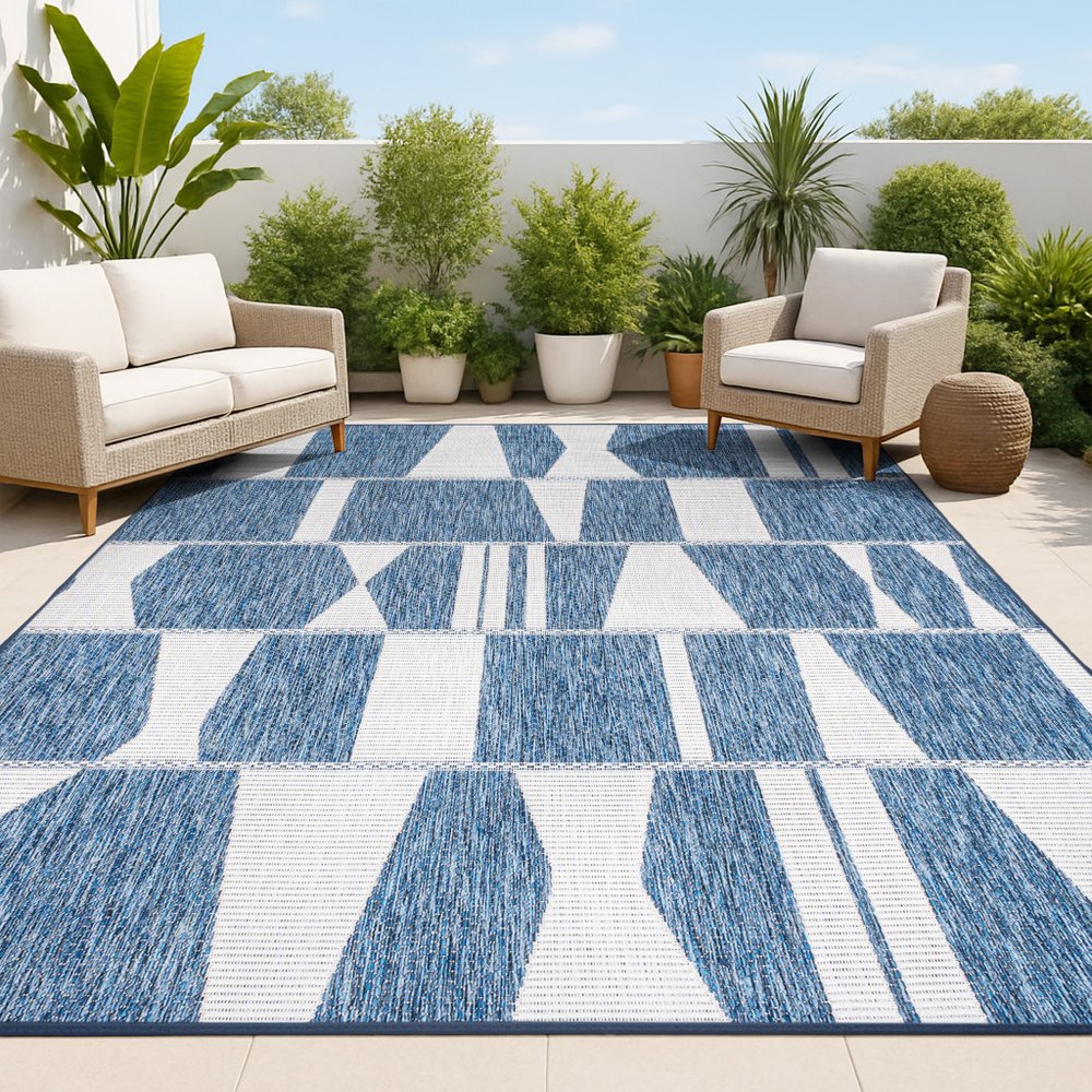 3' X 5' Navy Blue And Cream Geometric Indoor Outdoor Area Rug HomeRoots