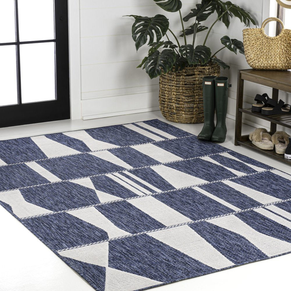 3' X 5' Navy Blue And Cream Geometric Indoor Outdoor Area Rug HomeRoots
