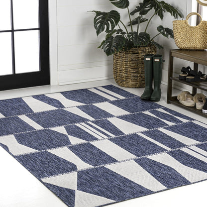 3' X 5' Navy Blue And Cream Geometric Indoor Outdoor Area Rug HomeRoots