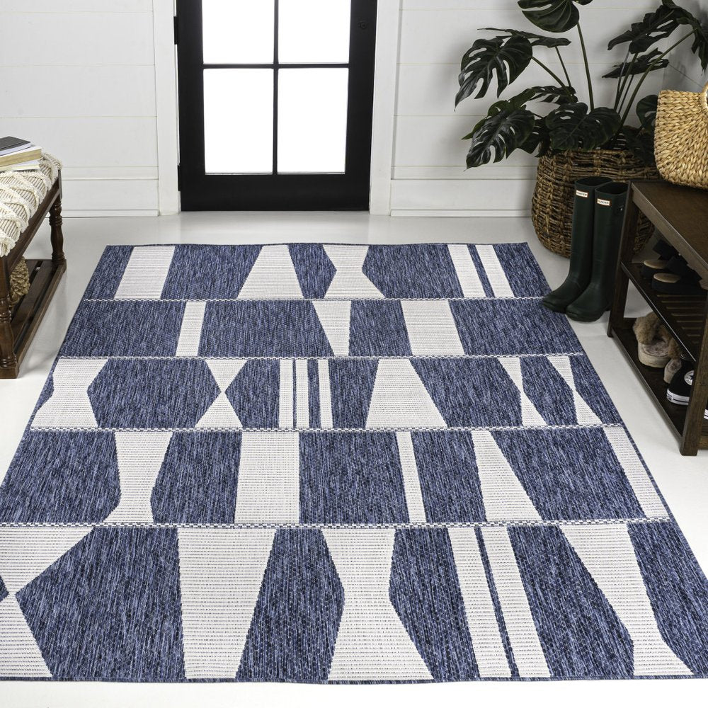 3' X 5' Navy Blue And Cream Geometric Indoor Outdoor Area Rug HomeRoots