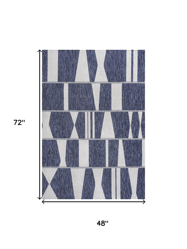 4' X 6' Navy Blue And Cream Geometric Indoor Outdoor Area Rug HomeRoots