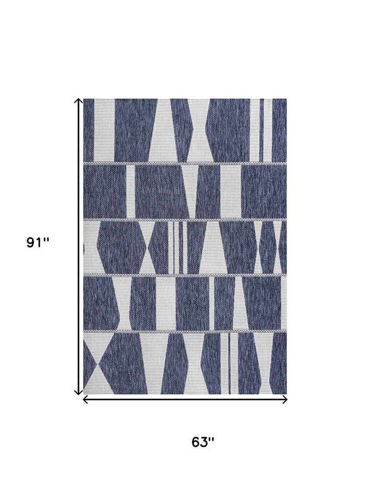 5' X 8' Navy Blue And Cream Geometric Indoor Outdoor Area Rug HomeRoots