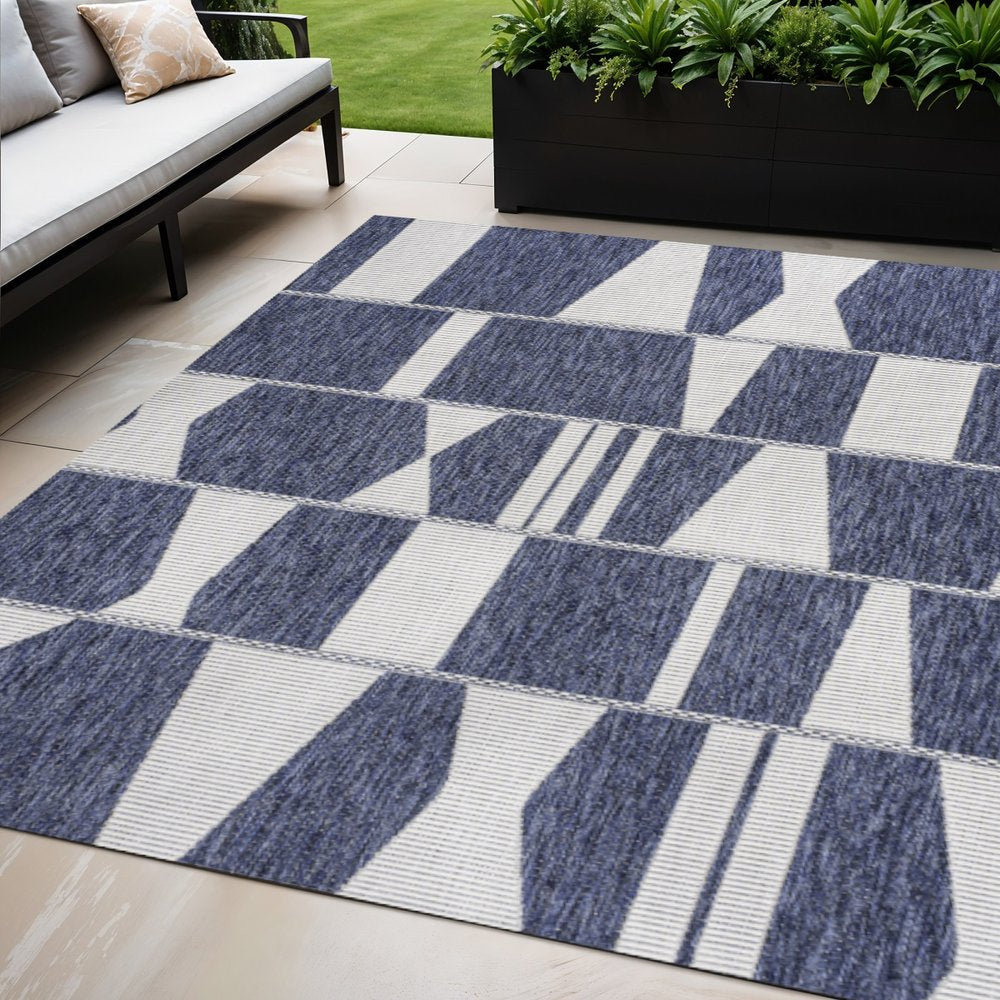 5' X 8' Navy Blue And Cream Geometric Indoor Outdoor Area Rug — view 6