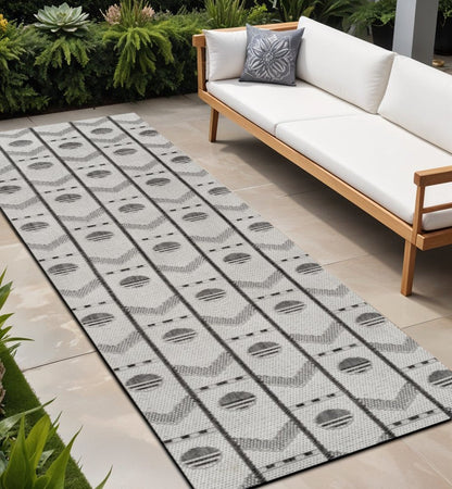 8' Cream And Black Geometric Indoor Outdoor Runner Rug HomeRoots