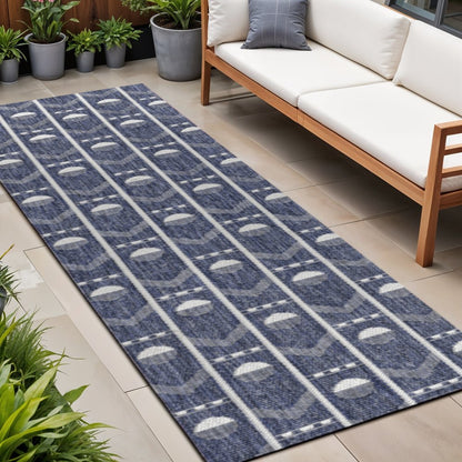 8' Navy Blue And Cream Geometric Indoor Outdoor Runner Rug HomeRoots