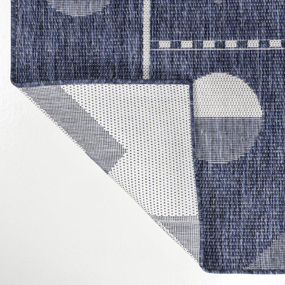 8' Navy Blue And Cream Geometric Indoor Outdoor Runner Rug HomeRoots