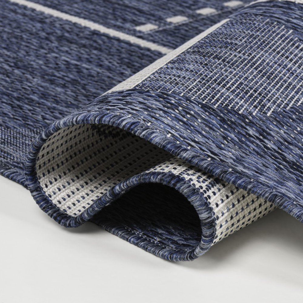 8' Navy Blue And Cream Geometric Indoor Outdoor Runner Rug HomeRoots