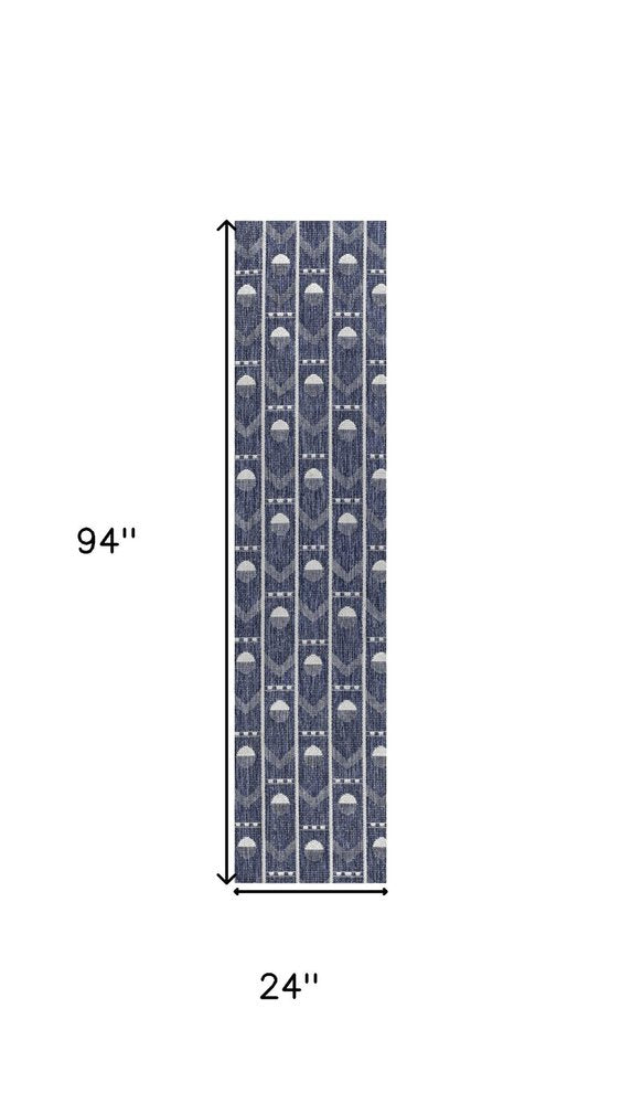 8' Navy Blue And Cream Geometric Indoor Outdoor Runner Rug — view 7