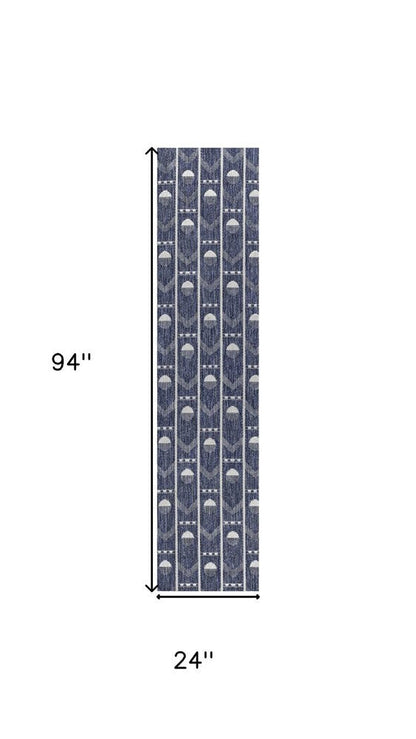 8' Navy Blue And Cream Geometric Indoor Outdoor Runner Rug HomeRoots